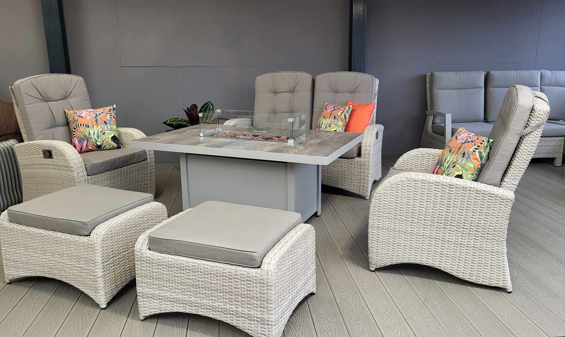 Reclining Lounge Set with Firepit in Natural | Bowness By Vila - NTC Homes, Inc.