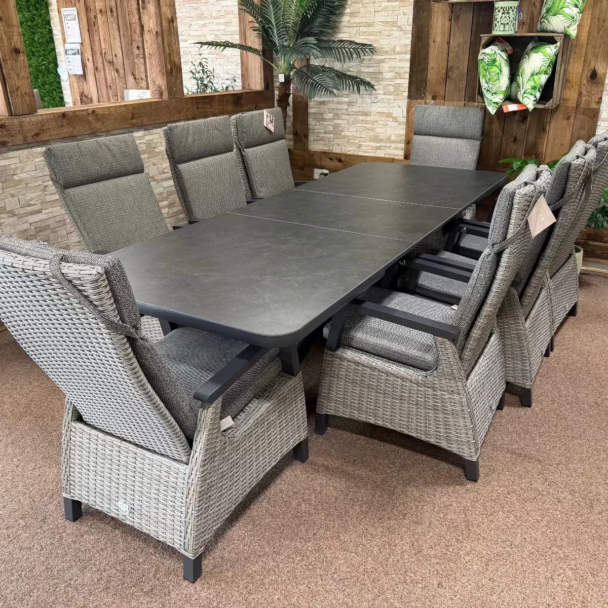 Kendal 8 Seat Extending Sintered Stone Dining - Grey with All Weather Cushions in Pewter | Vila - NTC Homes, Inc.