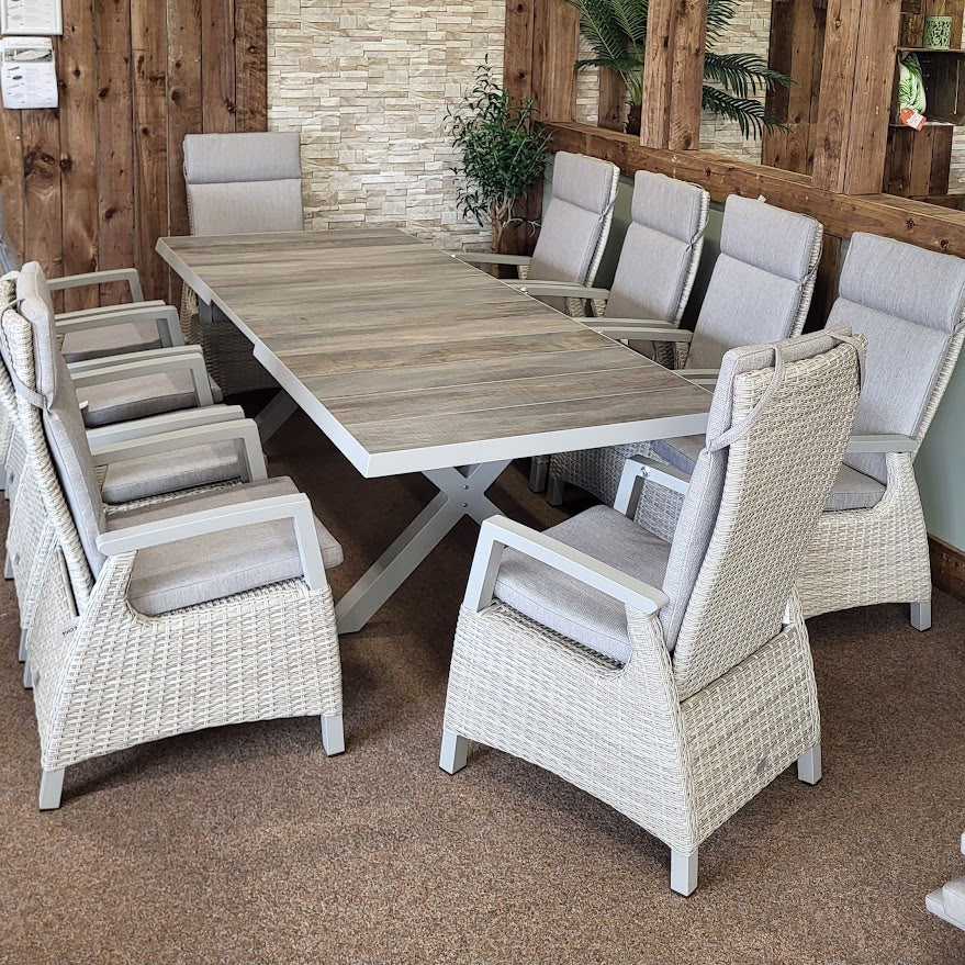 Kendal All Weather Outdoor 10 Seat Reclining and Extending Dining Set in Natural - Kendal By Vila - NTC Homes, Inc.
